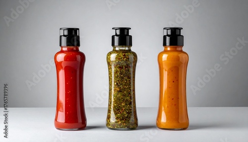 Three condiment bottles on a studio background identical