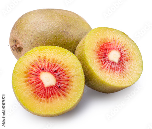 Red kiwifruit and red kiwi slices on white background. File contains clipping paths.