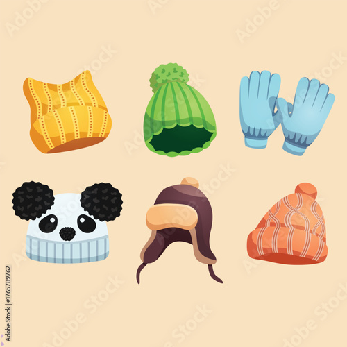 Winter hats set. Modern wool caps. Fashion head accessories, warm wearing for cold weather. Knitted beanies, woolen knitwear in trendy style. Flat vector illustrations isolated on white background
