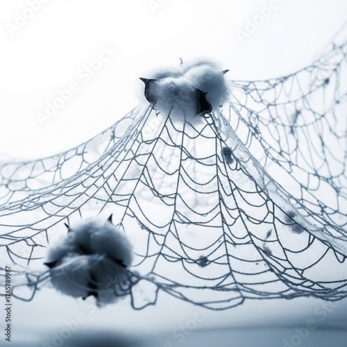 Delicate Frost Covered Spiderweb with Cotton Buds in Morning Light