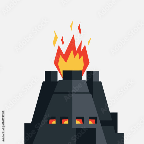 Illustration of a volcano with flames erupting from the top.