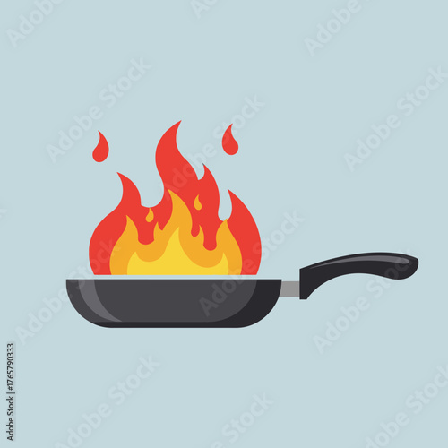A black frying pan with large red and yellow flames burning inside it, with fire drops, on a light blue background.
