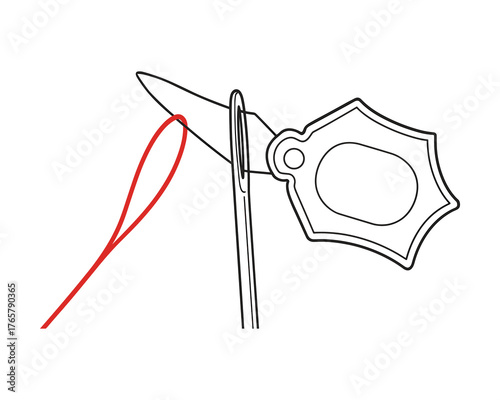 Graphic Illustration: Needle with Red Thread and ornate Tag, crafting tools concept.