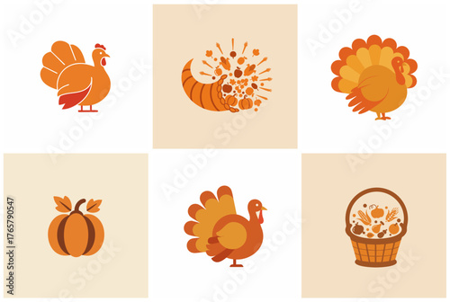 Autumn and Thanksgiving Icon Set – Stylized Turkeys, Cornucopia, Pumpkins, and Harvest Basket for Seasonal Decor, Educational Use, and Festive Design Projects