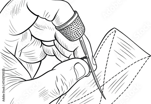 Hand Sewing Fabric with a Needle and Thimble: Detailed Vintage Style Illustration