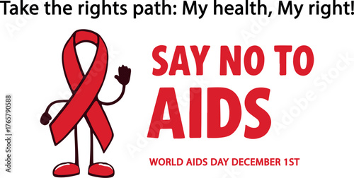 World AIDS Day vector with red ribbon character, bold advocacy text, and health rights message for December 1st awareness design
