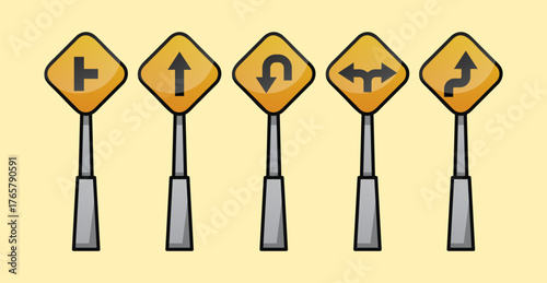 Bright color road sign vector with pole, perfect for education, infographic, and transport design