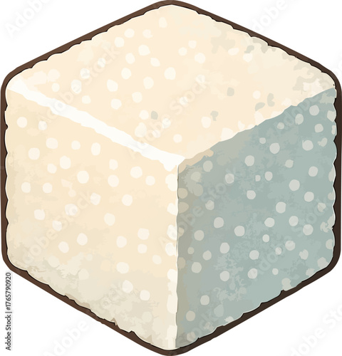 A single white sugar cube with a rough dotted texture and sharp edges for sweetening hot beverages isolated