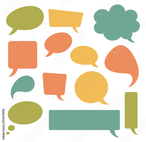 Collection of colorful speech bubbles in flat style representing chat, message, talk, comment, and conversation. Perfect for communication, dialogue, social media, and creative discussion themes.