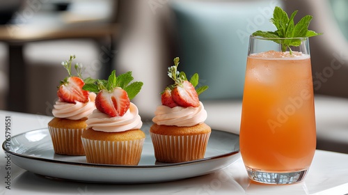 Strawberry Cupcakes with Mint Drink Decoration