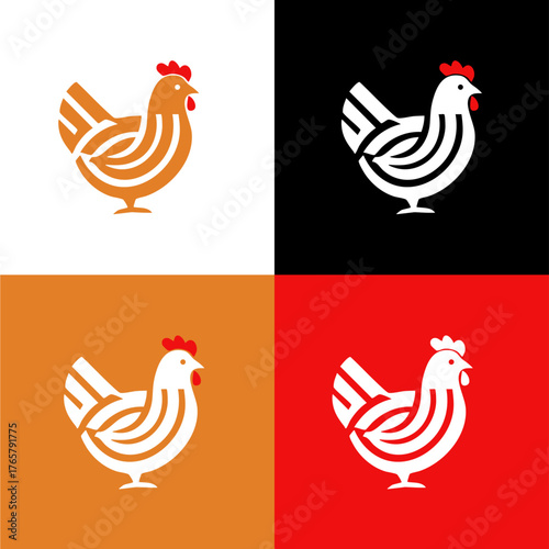 Stylized Chicken Illustration in Four Color Variations – Minimalist Poultry Design for Branding, Packaging, and Visual Identity with Red, Brown, Black, and White Backgrounds