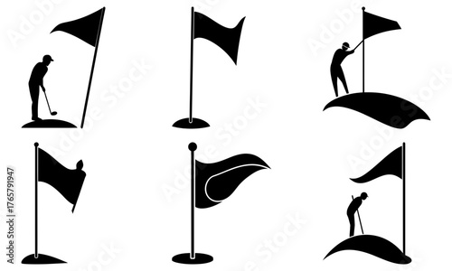 Dynamic golf flag icons and golfer silhouettes capture the spirit of the game for sports and leisure designs