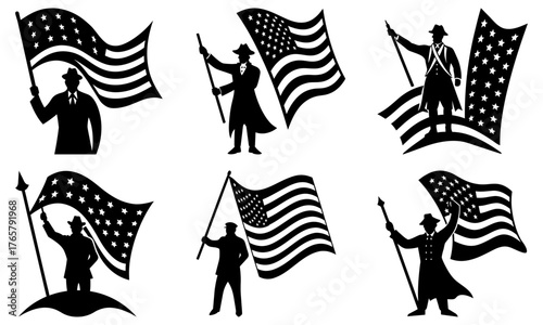 Patriotic figures proudly holding American flags symbolizing freedom, history, and national pride in diverse historical attire