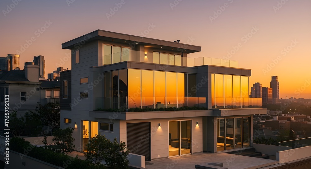 Fototapeta premium Modern Luxury House with Large Glass Balcony and Panoramic City View at Sunset, Featuring Elegant Architecture and Warm Interior Lighting
