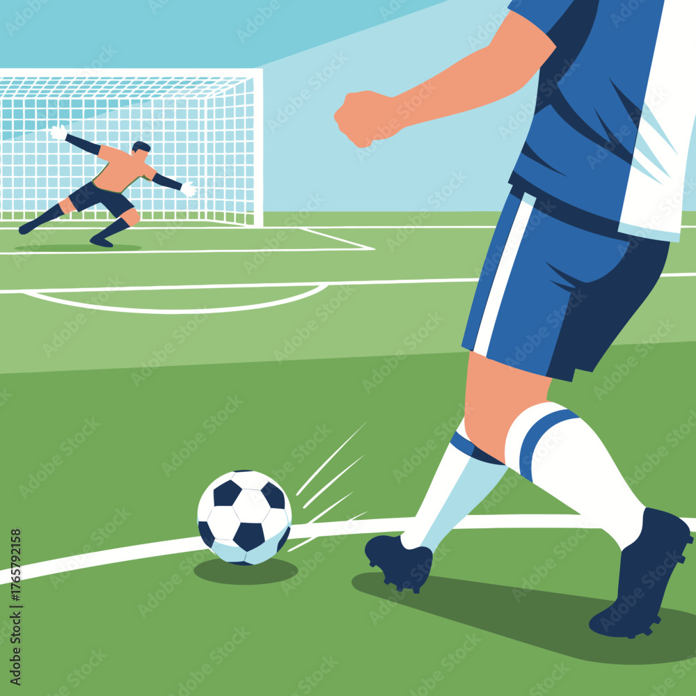 Fototapeta premium Illustration of a soccer player kicking a ball towards a goalie in a net.