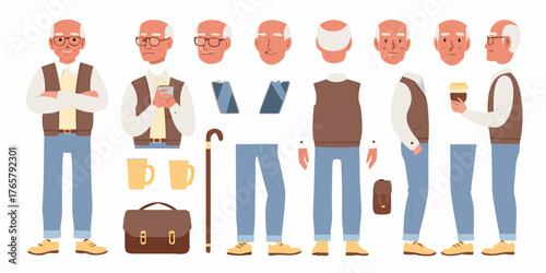 Elderly man character creator kit with various poses and accessories for design