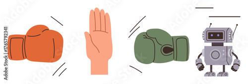 Orange and green boxing gloves, a raised human hand, and a robot signify conflict resolution, technology, cooperation, and decision-making. Ideal for teamwork, balance, innovation competition