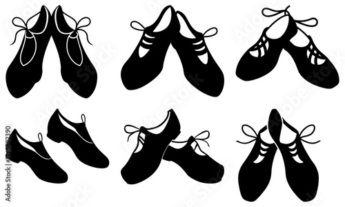 Dynamic collection of Irish dance shoes showcasing intricate lacing and classic styles, perfect for cultural themes and performance.