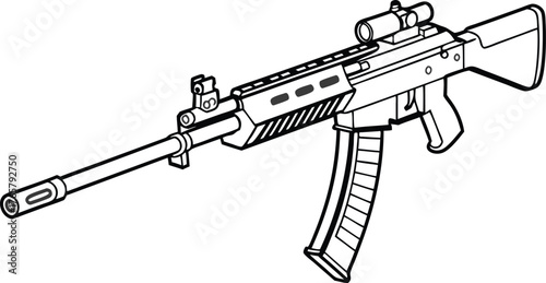 Dynamic line art of a modern assault rifle with scope, ideal for gaming assets and technical illustrations of firearms