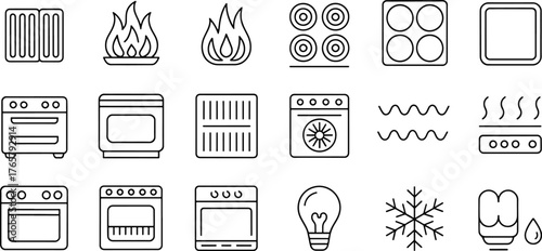 Black and white line art kitchen appliance icons for cooking heating cooling and lighting