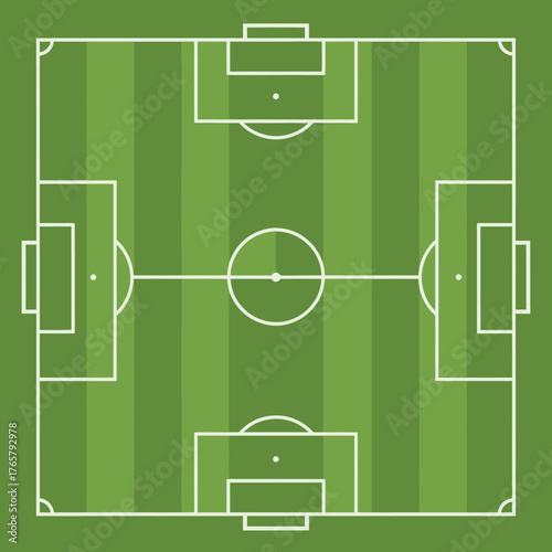 A top-down view of a standard soccer field with markings for goals, penalty areas, and the center circle.