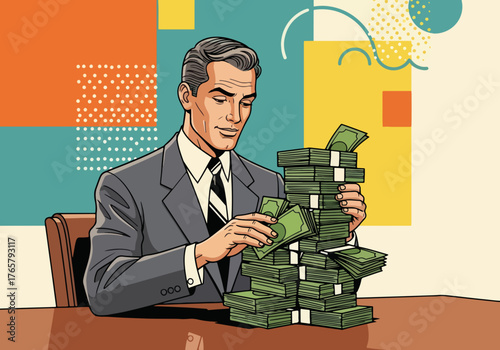A retro pop art drawing of a businessman counting a large stack of cash. Financial success and wealth concept. Vintage comic book style graphic