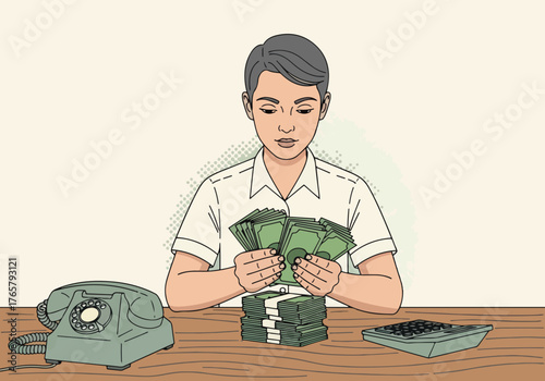 A retro illustration of a person counting cash at a desk. Vintage finance and business concept with a stack of money. Pop art style graphic for wealth and accounting