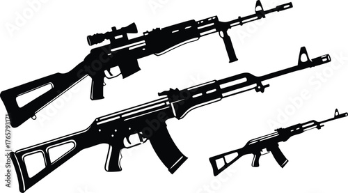 Powerful gun collection in bold silhouette style showcasing weapons for tactical design, military promotion, and strong defense concepts