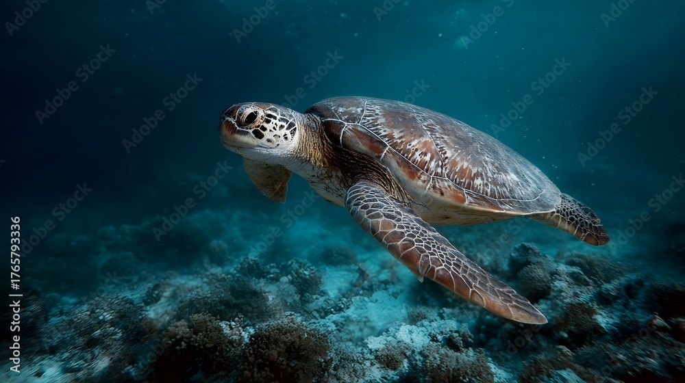 Obraz premium A green sea turtle glides gracefully underwater over a sunlit coral reef