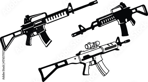 Powerful assault rifle designs, showcasing tactical weaponry in sleek vector style for military, gaming, security applications.