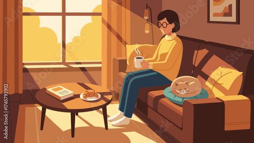 A woman sitting on a couch, enjoying a cup of coffee in a sunlit room with a cat.