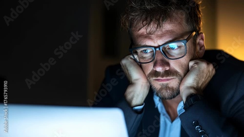 A man in a suit is staring at a computer screen with a frown on his face. He is frustrated or overwhelmed by the task at hand