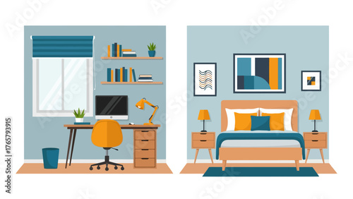 Illustration of a modern bedroom and a home office setup with furniture and decor.