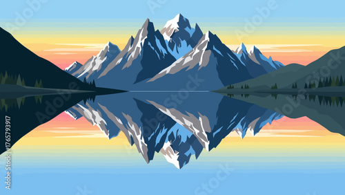 Stylized illustration of majestic snow-capped mountains reflected in a calm lake under a colorful gradient sky at dawn or dusk.