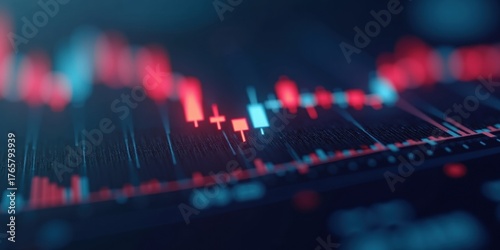 Dynamic stock market chart with red and blue candlesticks showing volatile trading activity