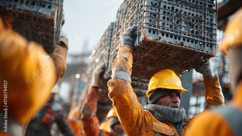 Construction Workers Lifting Heavy Metal Grates at Industrial Site in Winter Gear and Safety Helmets