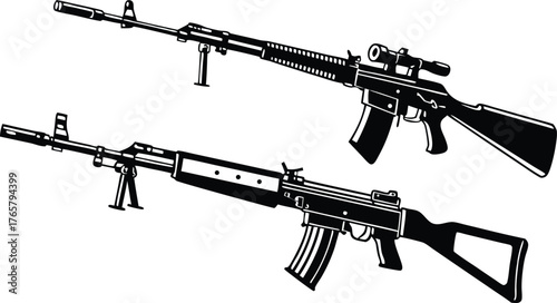 Two rifles in dynamic vector illustration showcasing military weapons, tactical designs, and powerful firearm engineering concept
