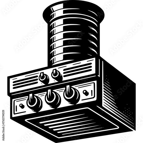 Industrial Kitchen Hood Illustration: A detailed line drawing of an industrial kitchen hood, emphasizing its sturdy design and functionality for culinary environments. 