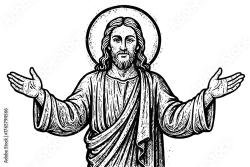 Jesus Christ welcoming black and white vector sketch