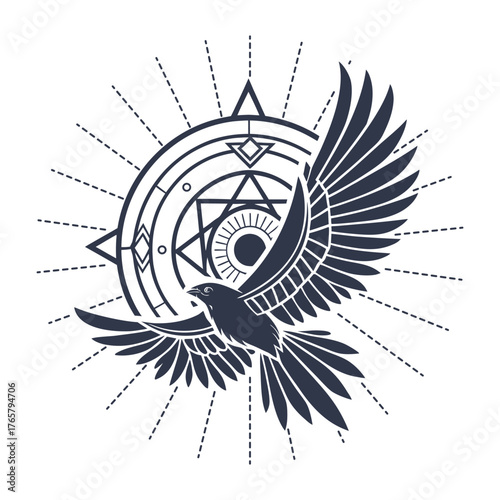 A stylized dark blue bird with outstretched wings in front of a geometric sun and compass design.