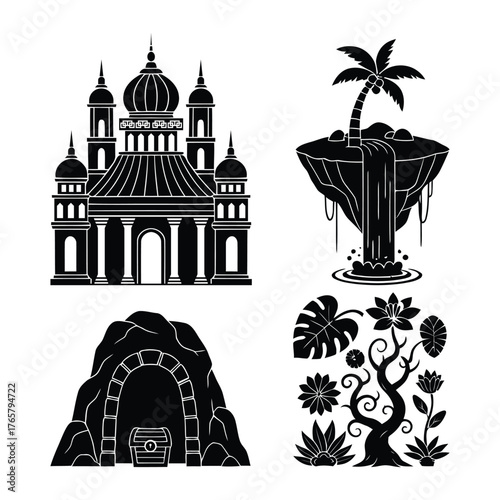 Set of four black silhouette illustrations depicting a fantasy palace, a floating island with a waterfall, a cave with a treasure chest, and exotic plants.