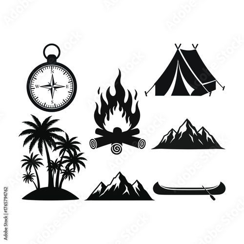 Black and white camping and outdoor adventure icons, including a compass, tent, and mountains.