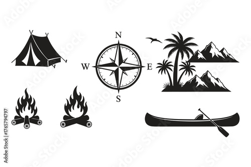 Camping and outdoor adventure icons in black and white.