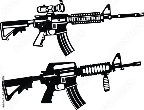 Two assault rifles in black and white design ideal for tactical training or military themed graphics offering powerful imagery