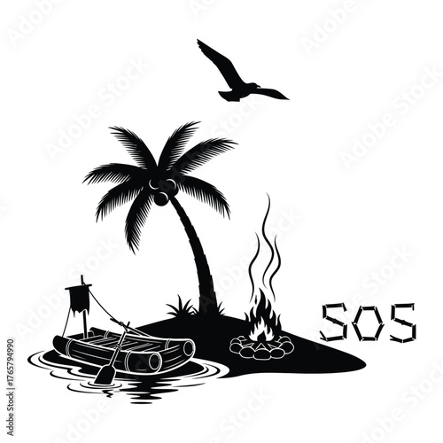 Black and white silhouette illustration of a castaway island scene with a palm tree, bonfire, SOS message made of dollar signs, and a small boat