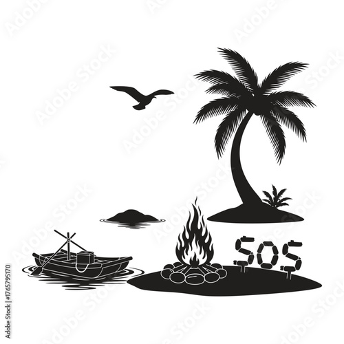 Black and white silhouette illustration of a castaway island scene with a palm tree, bonfire, SOS message made of dollar signs, and a small boat.