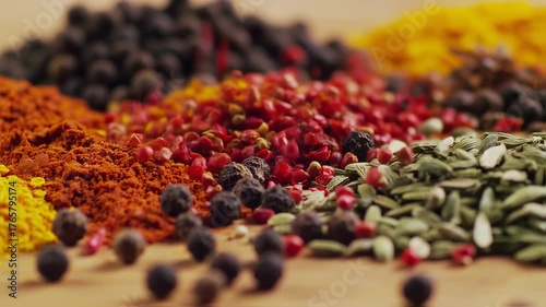 Close up view of colorful exotic spices on a wooden table.