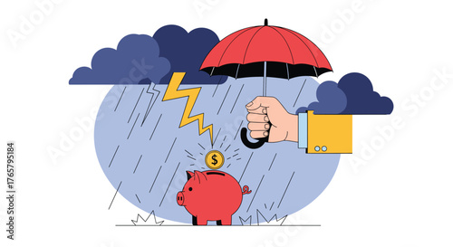 Protecting Savings from Financial Storms with Umbrella and Piggy Bank.