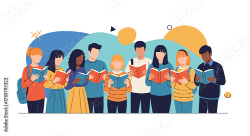 Diverse group of people engrossed in reading books together.