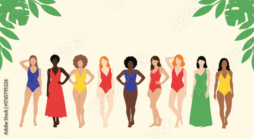 Diverse group of women in summer attire celebrating body positivity and inclusivity.